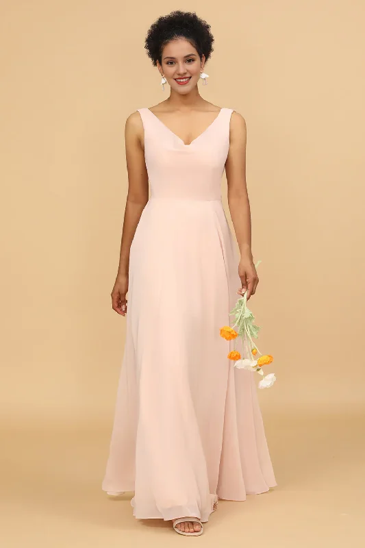 Women's Romantic Outfit Exclusive Sale Pink A-line V-neck chiffon long bridesmaid dress