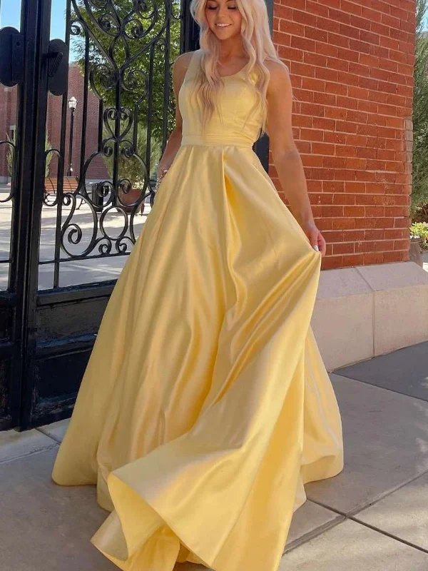 Comfortable Outfit For Women Limited-Time Offer Simple Round Neck Yellow Satin Long Prom Dresses with Pocket, Long Yellow Formal Graduation Evening Dresses SP2534