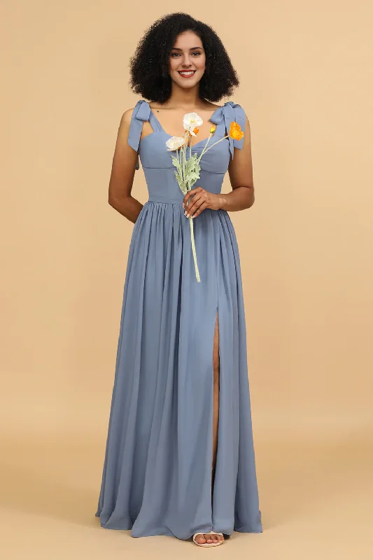 Women's High-Fashion Outfit Limited-Time Offer Grey blue A-line floor mopping chiffon slit bridesmaid dress