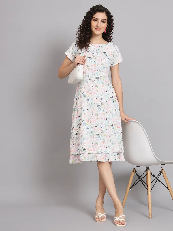 Women's High-Fashion Clothes Evening Looks A Line Printed Floral Frill Dress - White