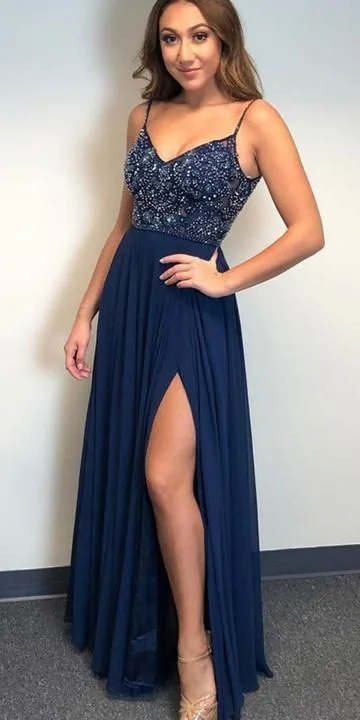 Comfortable Outfit For Women Clearance Event Fashion Spaghetti Straps Backless A-line Navy Long Prom Dress, High Slit Beading Evening Party Gown cg3451