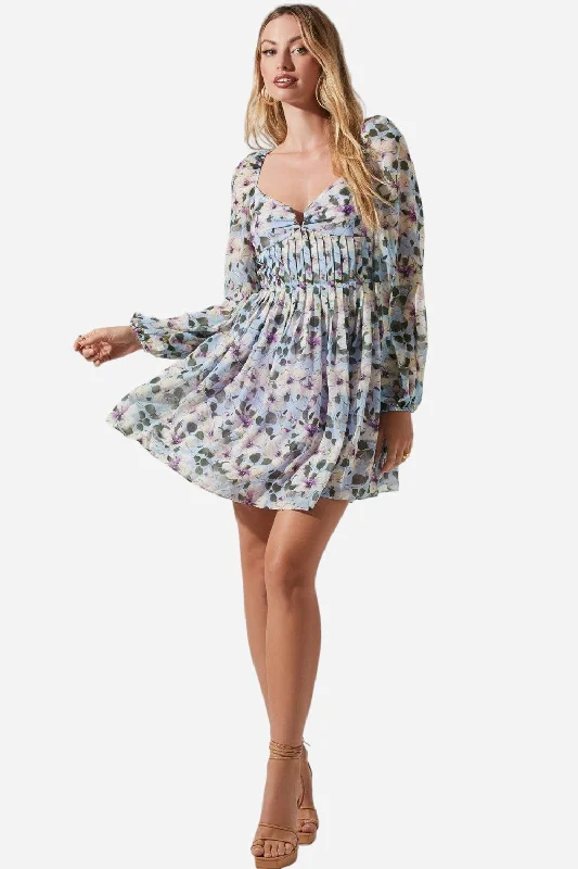 Women's Versatile Apparel Hot Styles ASTR The Label Carina Floral Open Back Long-Sleeve Mini Dress in Blue Multi