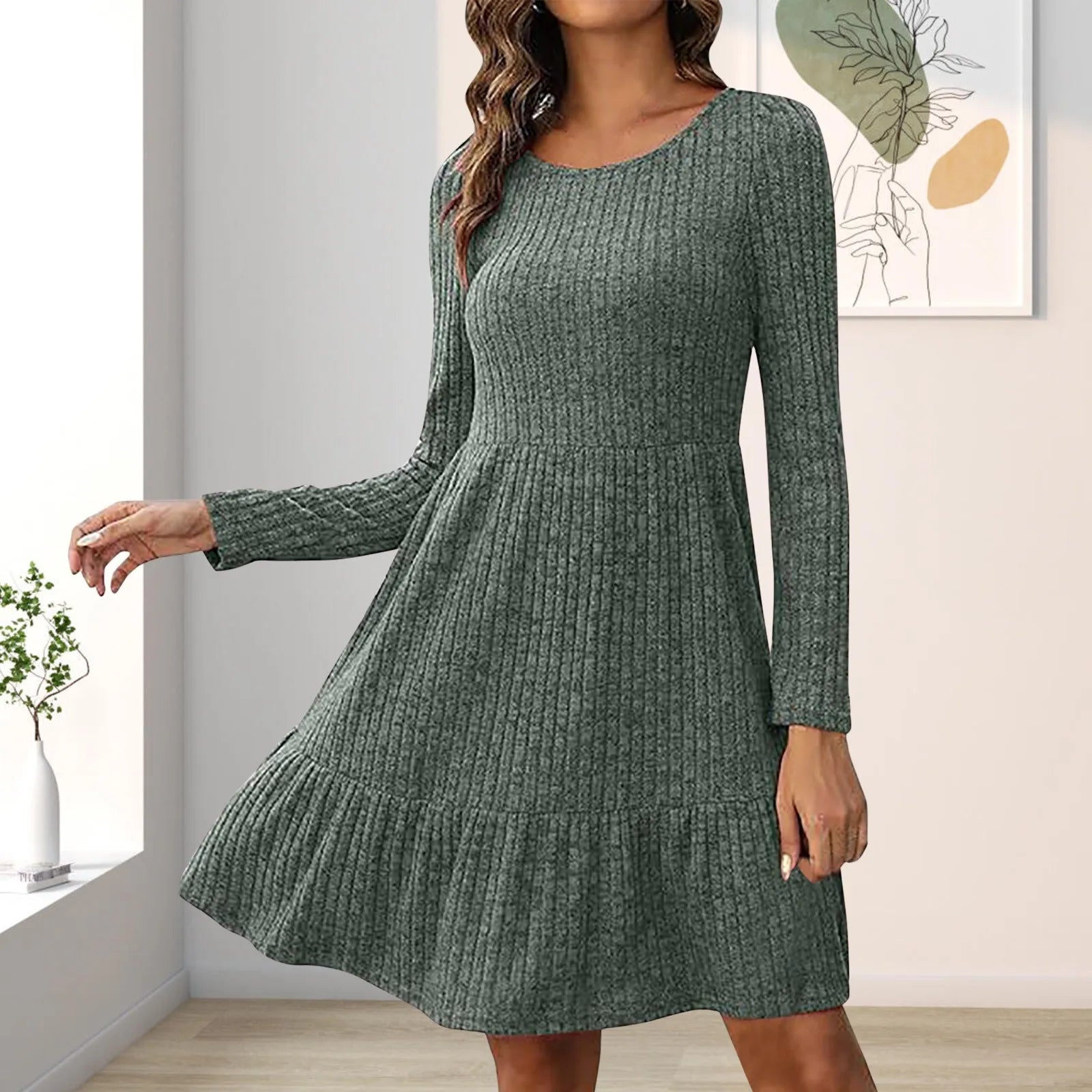 Formal Outfit For Women Limited Time Deal JuliaFashion - O-Neck Soild Knitted For 2024 Autumn And Winter New Long Sleeve Loose A Line Female Casual Party Vestidos Dress