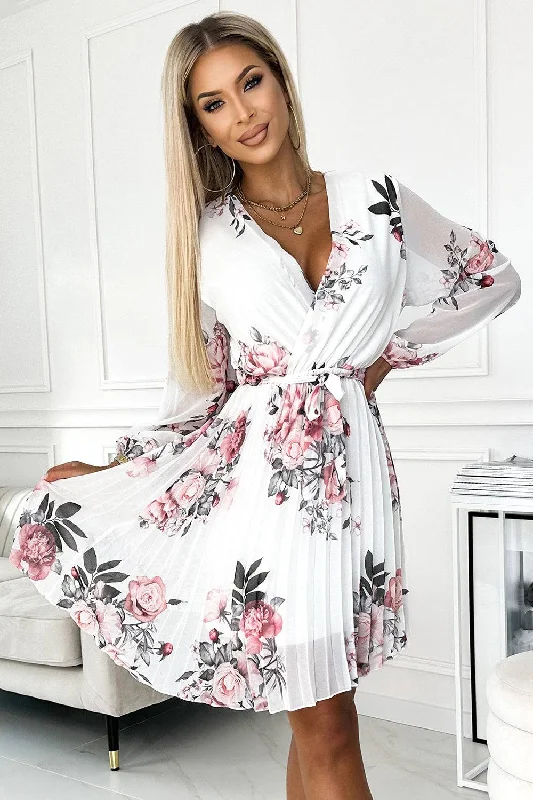 Women's Functional Outdoor Garments Summer Essentials Numoco Basic 415-2 YSABEL Pleated dress with a neckline, long sleeves and a belt - white with roses