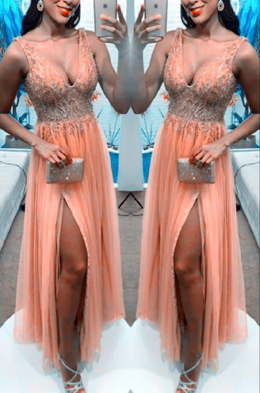 Women's Transitional Attire Pastel Styles Charming Peach Prom Dresses Tulle Split Evening Gown V neck Sequins Beaded    cg14420