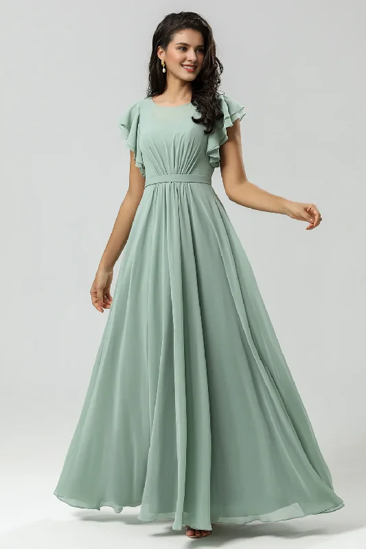 Women's High-Fashion Garments Fashion For Every Occasion Matcha A-line round neck pleated and ground chiffon bridesmaid dress