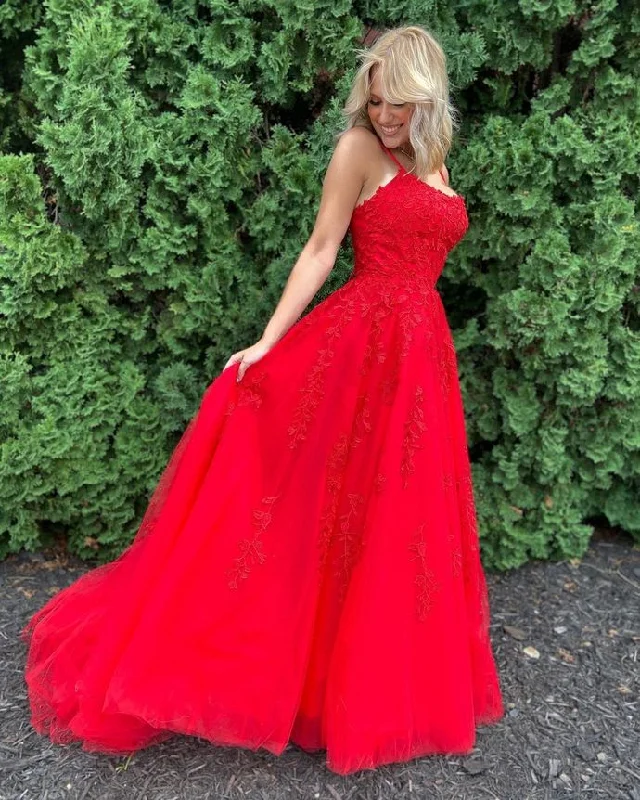 Women's Vintage Attire Great Prices On Feminine Styles Red Prom Dress,A-Line Prom Gown,Appliques Evening Dress,Tulle Prom Gown   cg14531