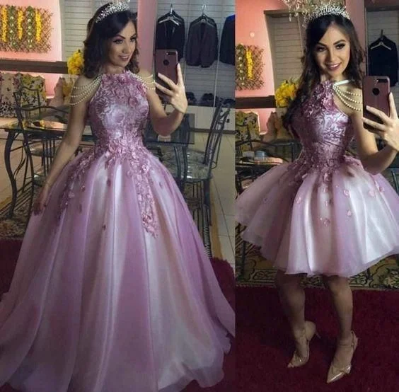 Fashionable Women's Clothing Latest Fashion pink prom dresses 2021 halter neckline lace appliques ball gown   cg15448