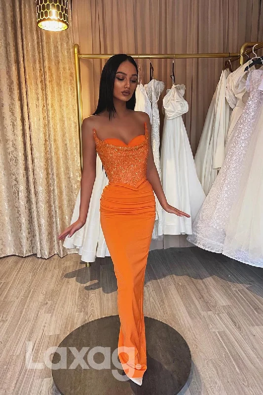 Classic Women's Apparel Chic Outfits 21863 - Strapless Orange Sequins Top Satin Prom Evening Dress