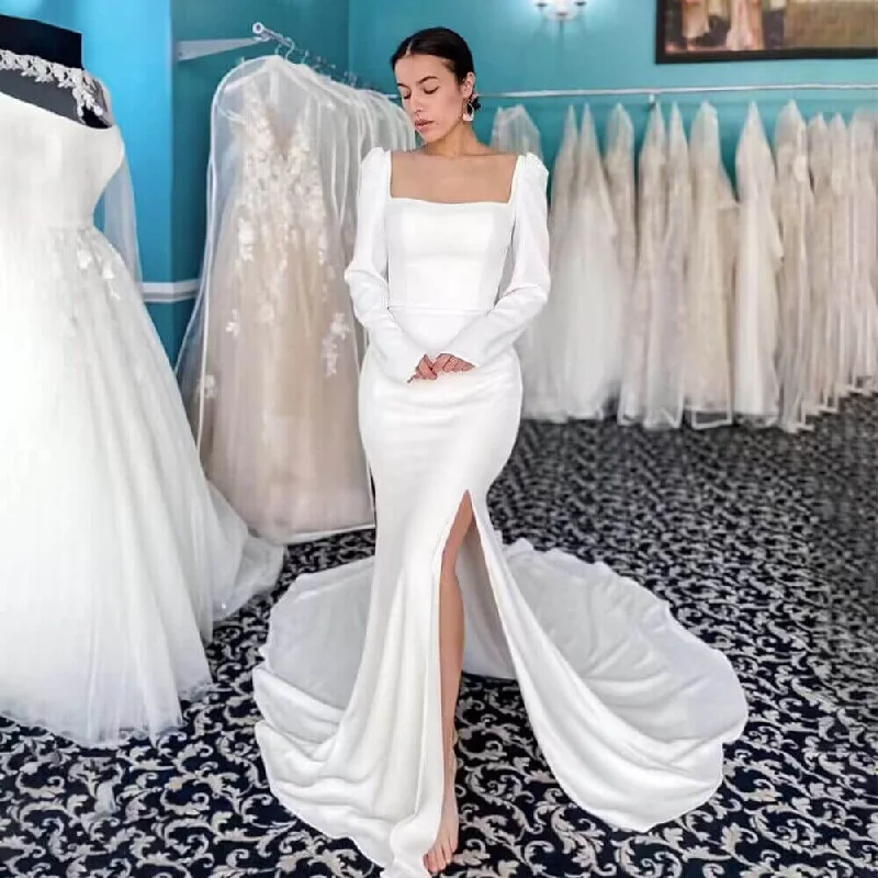 Women's Trendy Casual Outfit Hot Styles Long Sleeves Square Neck Satin Wedding Dresses Mermaid High Side Split Backless