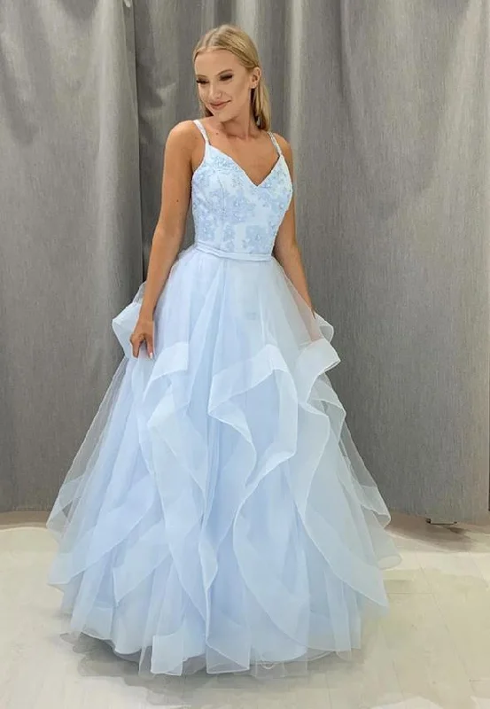 Women's Vintage Garments Casual Chic Blue v neck tulle lace prom gown formal dress cg14071