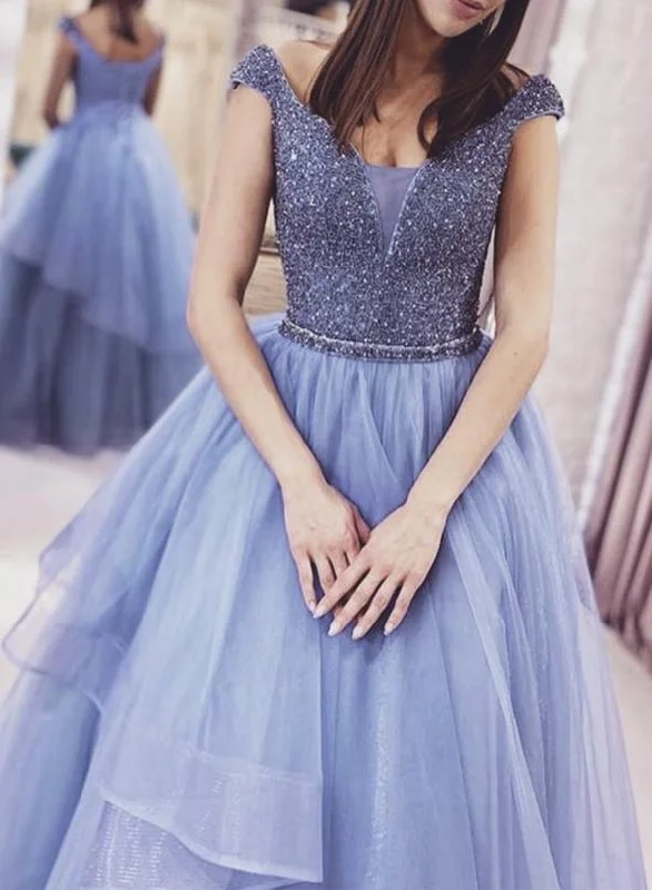 Women's Travel Apparel Save On Inspired Styles Blue tulle beads long prom gown formal dress   cg13601