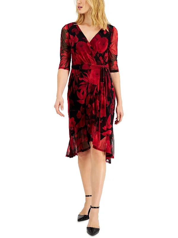 Women's Transitional Attire Style Upgrade Petites Womens Floral Elbow Sleeve Wrap Dress