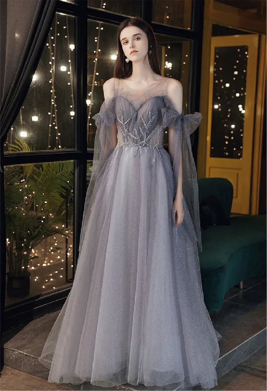 Women's Everyday Clothes Trendy Styles Gray Blue Prom Dress Stunning Glitter Tulle Bridesmaid Dress Long Tulle Sleeves Graduation Dress Illusion Evening Dress Floor Length gh2232