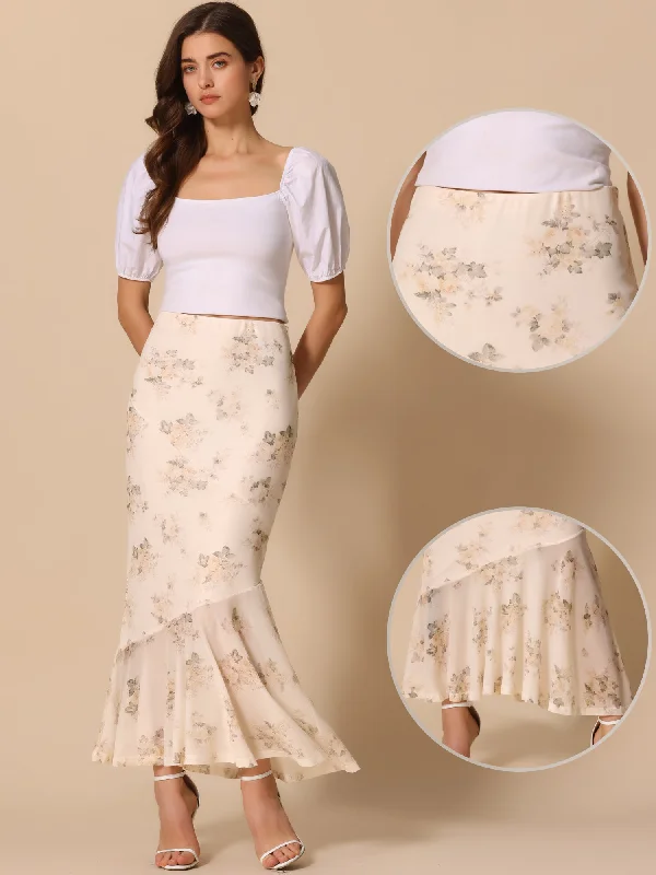 Women's Seasonal Clothing Limited - Time Bundle Floral Mesh Bodycon Ruffle Mermaid Maxi Skirt