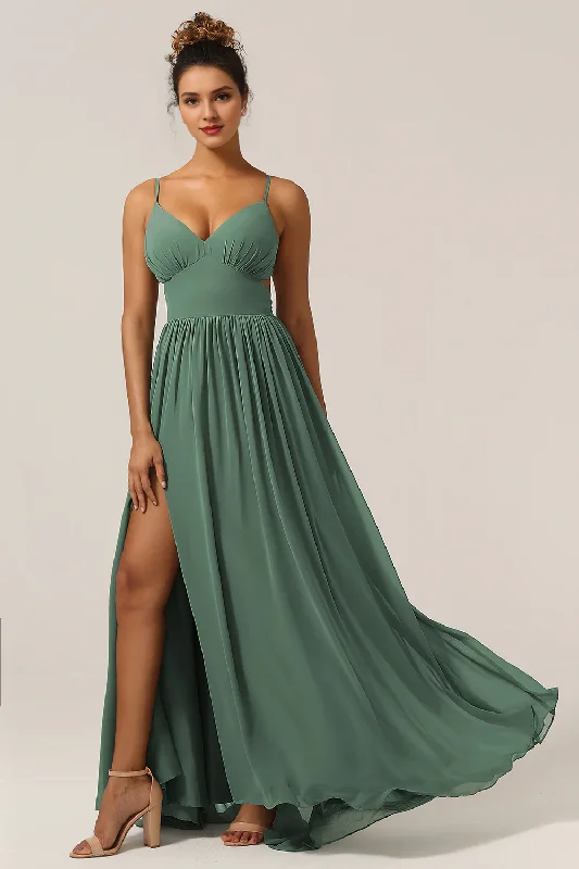 Women's Casual Garments Summer Essentials Eucalyptus A-line thin shoulder strap and ground chiffon slit bridesmaid dress