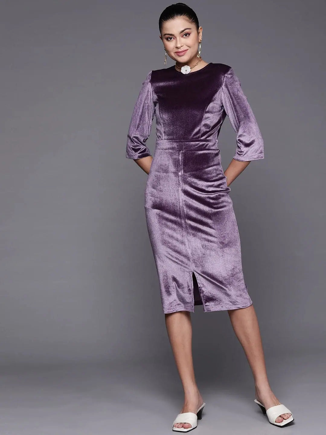 Women's Professional Attire Father'S Day Deals Women Purple Velvet Front Slit Bodycon Midi Dress