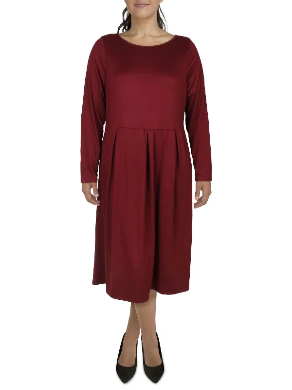 Women's Garments Stylish Savings Plus   Womens Pleated Long Sleeve Midi Dress