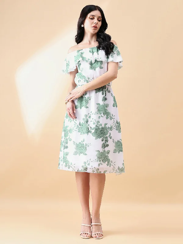 Women's Transitional Clothes End - Of - Month Blowout Frill Floral Dress - Green & White