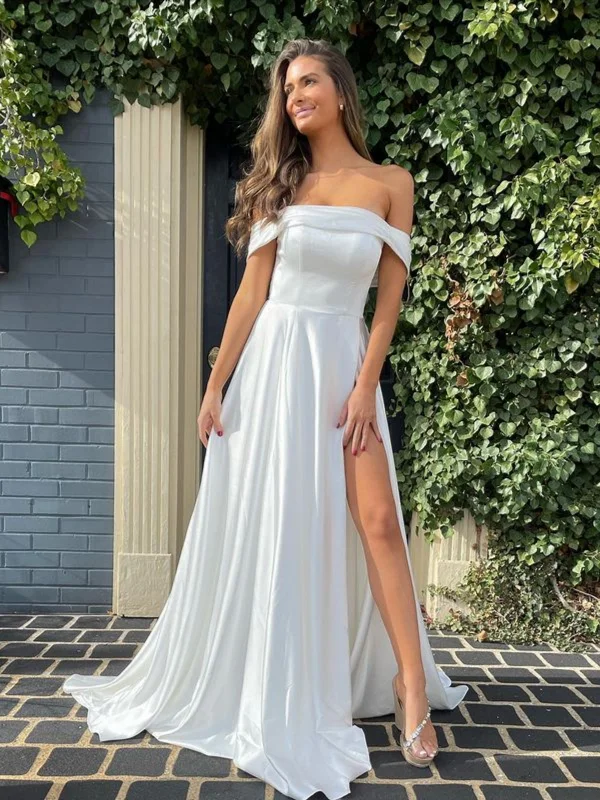 Women's Workout Clothing Winter Warm - Up Sale Simple Off Shoulder White Satin Long Prom Dresses with High Slit, Off the Shoulder White Formal Graduation Evening Dresses SP2599