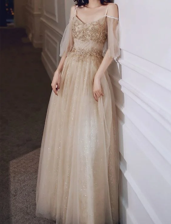 Women's Professional Garments Fashion-Forward Outfits Champagne Gold Prom Dress Sparkly V Neck Party Dress Elegant off Shoulder Ball Gown Straps Long Evening Dress   cg14201