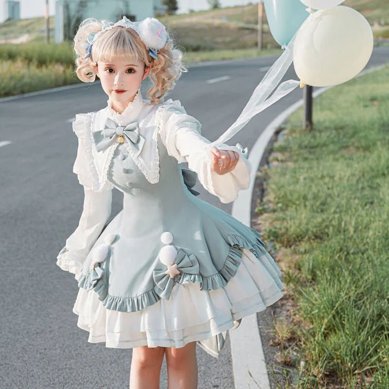 blue long-sleeved dress + petticoat + bow at the back