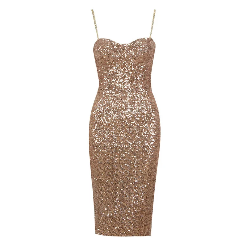 Casual Chic Women's Clothes Summer Splash Sale Sparkly Metallic Chain Strap Sweetheart Bustier Bodycon Sequin Midi Dress