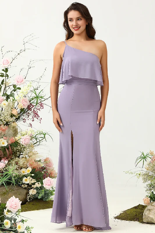 Women's Holiday Attire End - Of - Month Blowout Purple fish tail shoulder lotus leaf edge chiffon bridesmaid dress