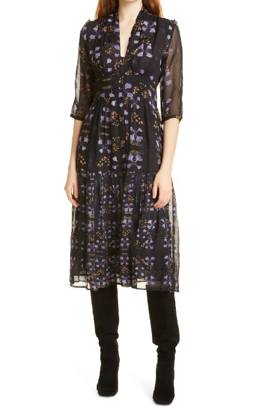 Elegant Women's Attire Spring Fling Sale Haline V-Neck Floral Midi Dress In Nuit