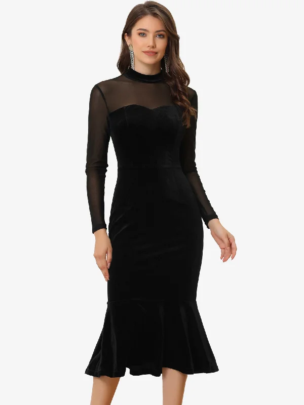 Women's Workout Clothing Style Upgrade Bodycon Elegant Velvet Sheer Mesh Mock Neck Midi Cocktail Dress