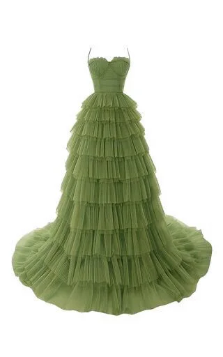 Women's Outfit For The Office Clearance Event Elegant Spaghetti Straps Tulle Prom Dress,Olive Green Evening Gown Y1244