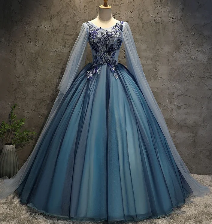 Women's Work Apparel Limited Quantities Blue Tulle Ball Gown Long Sweet 16 Dress With Lace Applique, Prom Dress   cg13785