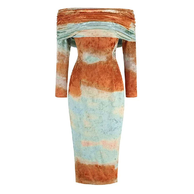 Women's Clothes And Apparel Clearance Event Magnificent Tie Dye Foldover Off Shoulder Velvet Bodycon Midi Cocktail Dress