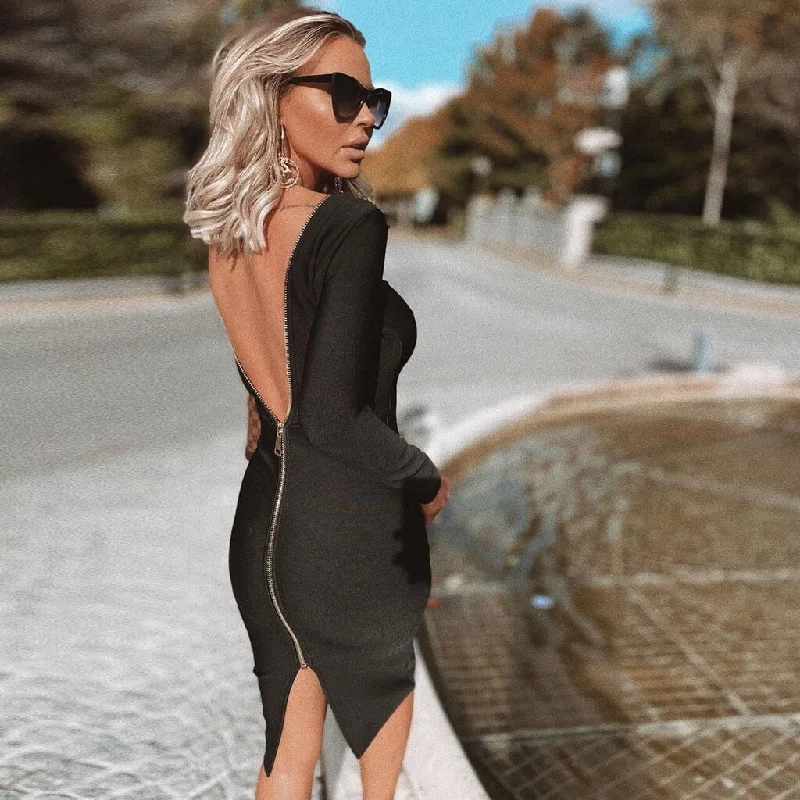 Women's Sports Apparel Best-Sellers Long Sleeve Zip Back Slit Bodycon Bandage Midi Dress - Black