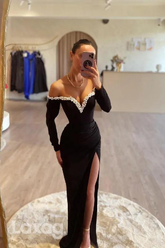 Women's Clothing For Outdoor Activities Early Access To Art Deco Styles Sale 22123 - Off Shoulder V-Neck Pearls Draped Sleek Satin High Slit Mermaid Sexy Prom Dress