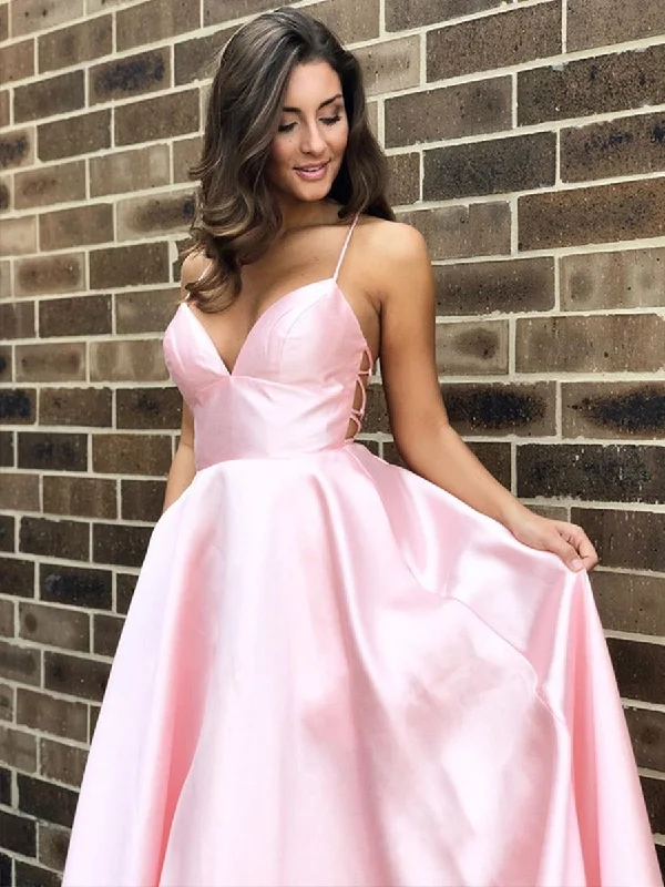 Classic Women's Clothing Styles Elegant Style Simple A Line V Neck Backless Pink Satin Long Prom Dresses, Backless Pink Formal Dresses, Pink Evening Dresses