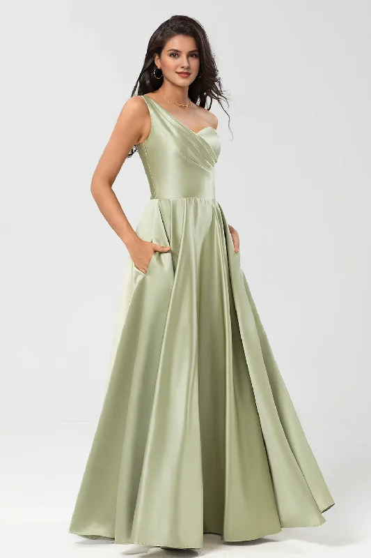 Women's Clothes And Garments Spring Wardrobe Dusty Sage A-line shoulder pleated satin bridesmaid dress