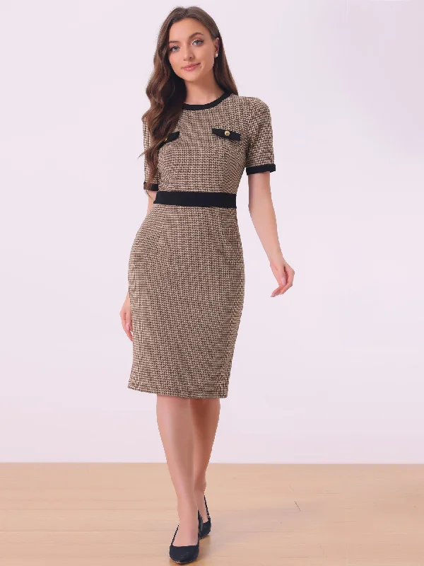 Women's Active Clothing Stylish Savings Plaid Houndstooth Short Sleeve Contrast Bodycon Dress