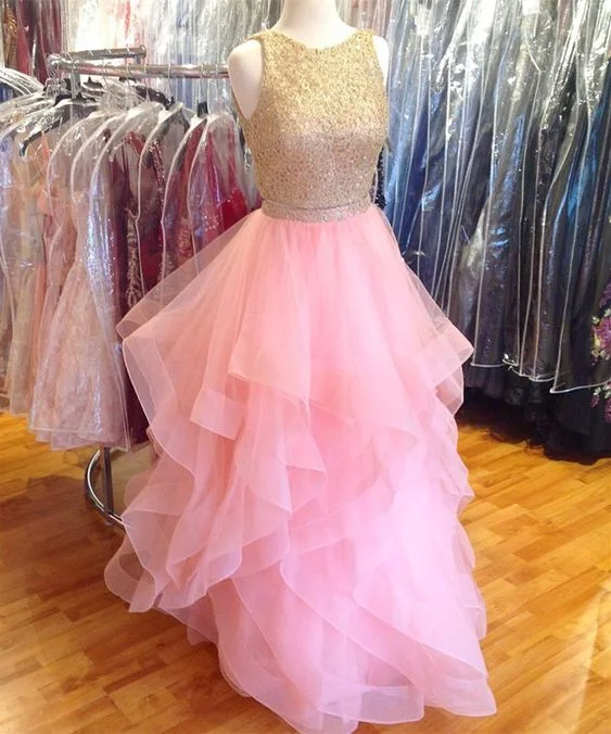 Women's Clothes For Work Events Casual Chic pink prom dress,two piece prom dress,ruffles dress,ball gowns dress,prom dresses     cg12945