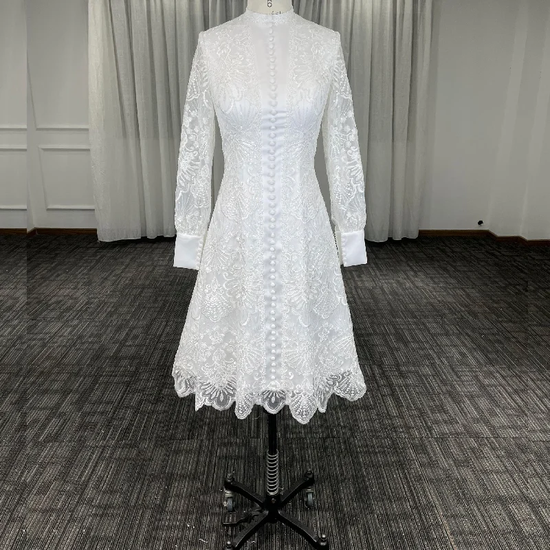 Women's Active Outfit For Fitness Chic Outfits Elegant Tea Length Long Sleeve A-Line Lace Wedding Dresses