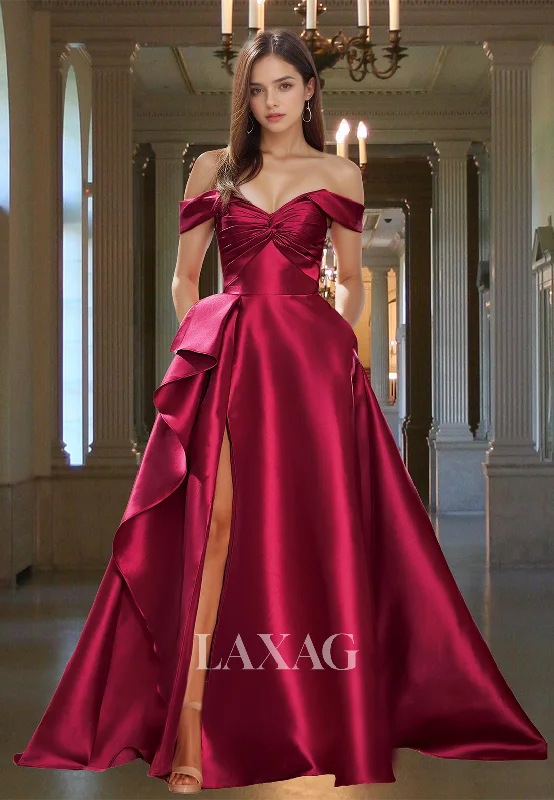 Women's Evening Wear Outfit Evening Looks Sweetheart Sleeveless Satin A-Line Prom Dress Pleated Floor-Length Evening Gowns with High Slit