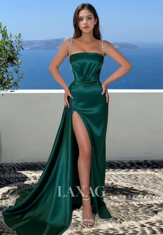 Women's Resort Apparel Spring Wardrobe Beaded Spaghetti Straps Sleeveless Satin Party Gowns Tube Top Off-Shoulder Pleated Mermaid Prom Dress