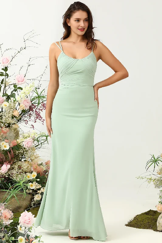 Women's Timeless Attire Summer Splash Sale Sage fish tail hanging pleats thin shoulder straps pleated chiffon bridesmaid dress