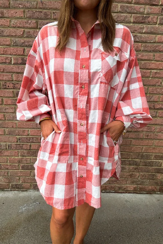 Women's High-Fashion Attire Best-Sellers Pink Plaid Oversized Raw Hem Long Sleeve Dress