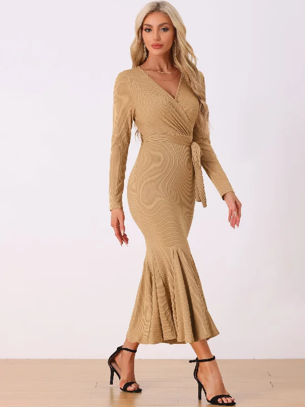 Women's Plus-Size Outfit Lighten Up With Nordic Styles Solid Belted Long Sleeves Bodycon Fishtail Mermaid Maxi Dress