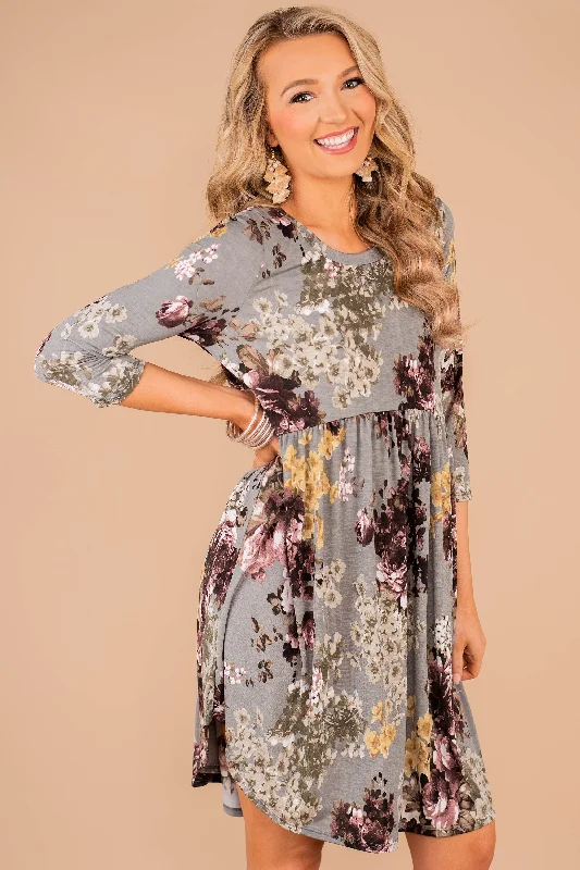 Women's Wardrobe Apparel Feminine Soft - Hued Styles Start Your Week Gray Floral Dress