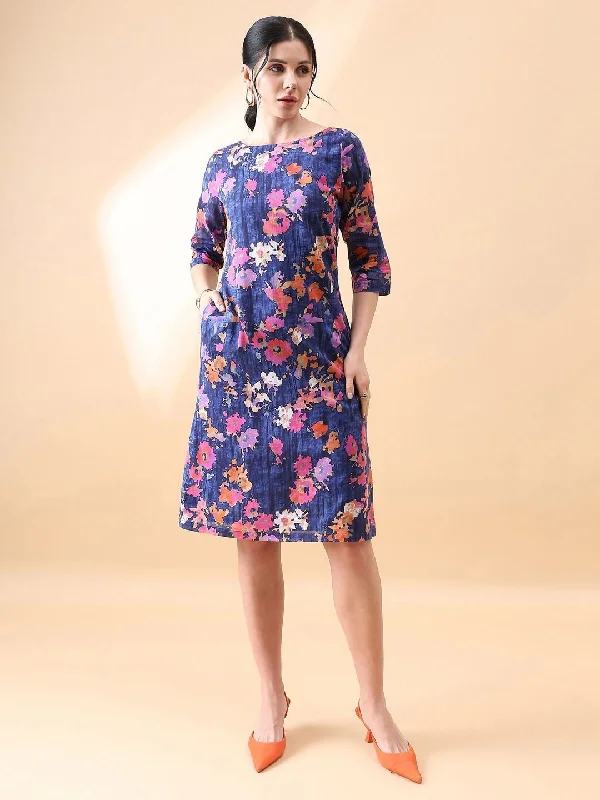 Modern Women's Clothes Discounts On Casual Weekend Styles A-Line cotton floral printed dress- Navy & Orange