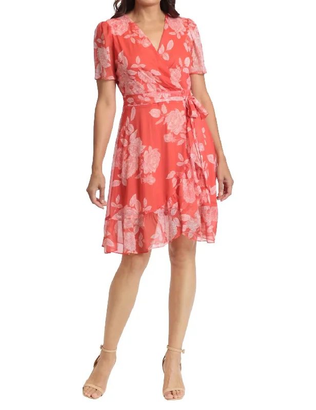 Women's Occasion Wear Clothing Elegant Style Floral Print Wrap Dress In Tangerine