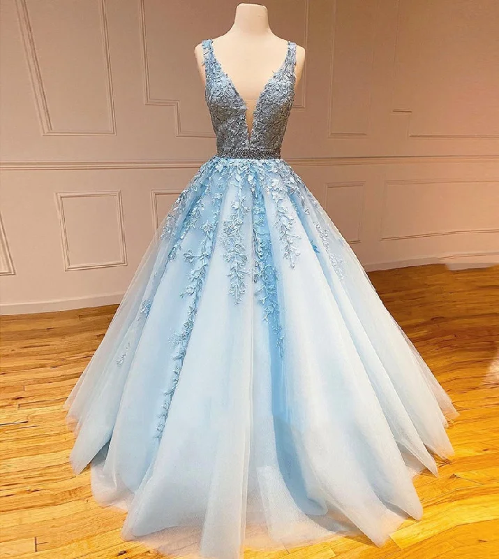 Comfortable Garments For Women Spring Wardrobe BLUE TULLE LACE LONG BALL GOWN DRESS V NECK EVENING PROM DRESS    cg14337