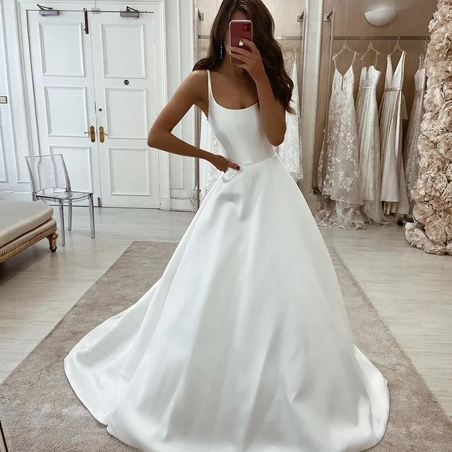 Affordable Women's Outfit Spring Fling Sale A Line Sleeveless Satin Ivory Wedding Dresses